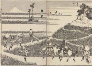  Black and white woodblock print by Katsushika Hokusai from the series "One Hundred Views of Mount Fuji" depicting terraced fields with agricultural activities and figures walking along a path, all set against the backdrop of the majestic Mount Fuji.