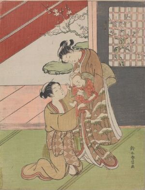  A traditional Japanese woodblock print by Suzuki Harunobu titled "Two Women with a Baby and a Letter", showcasing two women in patterned kimonos, one kneeling and reading a letter, the other standing and holding a baby, set against a backdrop of a cherry blossom tree and sliding doors with geometric designs. The print is characterized by its soft hues of yellow