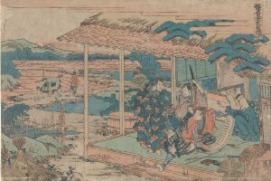  An Ukiyo-e woodblock print by Shunbaisai Hokuei titled "Kandadehon Chûshingura, 6. akt", featuring figures in traditional Japanese attire within an interior setting with wooden beams and a thatched roof, with a background depicting a bridge and water in a scenic outdoor landscape.