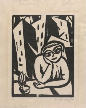  "Jente ved vindu," a black and white linocut print by artist Georg Schrimpf, depicting a stylized female figure sitting by a window, reflecting or daydreaming, with a small plant on the sill and an urban backdrop suggested by geometric shapes representing buildings.