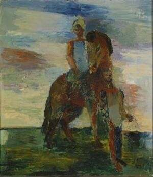 Oil painting by Bjarne Ness on canvas featuring an abstract, impressionistic depiction of a knight on horseback with a rich palette of blues, greens, reds, and earth tones creating a dreamlike and dynamic scene.