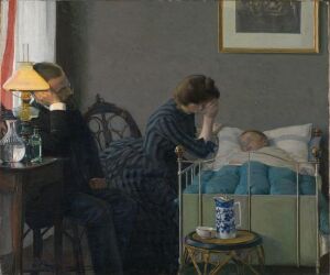  "Etter en våkenatt" by Jacob Bratland, an oil on canvas painting, capturing a moment of quiet concern with a figure seated beside a child's bed in muted, somber colors, featuring a lamp with a warm glow and a blue and white vase on a round table.