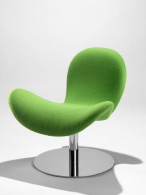  "Fly Me" - a modern chair design by Geir Sætveit featuring a bright green wool-upholstered seat with a smooth, organic shape mounted on a circular chrome-plated steel base against a plain gray background.