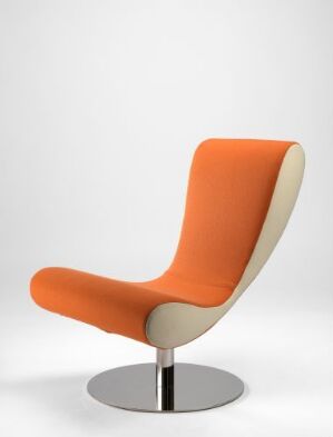  "Skybar" chair by Geir Sætveit with vibrant orange wool upholstery on the seat and backrest, contrasting with light cream sides, set on a sleek chrome-plated steel base.