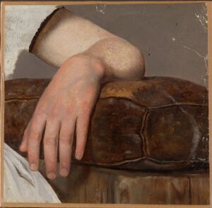  A painting by Adolph Tidemand featuring a close-up of a fair-skinned hand resting on a large, worn leather book, with a white sleeve partially visible against a brown, neutral background.