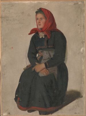  Oil painting on paper by Adolph Tidemand mounted on wood fiber board, depicting a contemplative young woman seated and dressed in a traditional dark blue dress with a bright red headscarf. The neutral beige background complements the figure's serene expression and the realistic treatment of her attire.