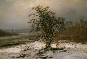  "Oak Tree by the Elbe in Winter" by Johan Christian Dahl, an oil on canvas painting showing a barren oak tree in the foreground on a snow-covered ground, with a frozen river and distant trees under a cloudy sky.