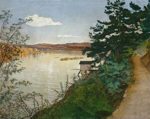  "Afternoon Sun" by Harald Sohlberg, a tranquil landscape painting on canvas, featuring a dirt path leading to a small building beside a shimmering body of water with reflections of blue and gold under a sky with soft clouds, bordered by a lush greenery and a low mountain range lit by the warm glow of the setting sun.