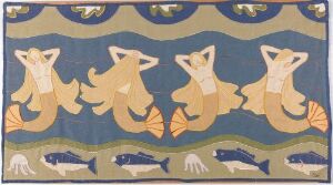  A textile design titled "Legende Havfruer" by Sofie Werenskiold, featuring an appliqued and hand-embroidered pattern with three stylized mermaids on a navy blue background. The mermaids are in pale peach with orange tails, alongside darker blue marine creatures, all arranged within two lighter blue horizontal bands suggesting waves.