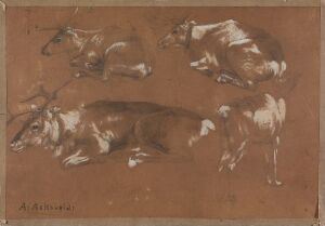 
 A monochromatic oil painting by Anders Askevold featuring four cows in various resting and standing positions on a uniform brown background, with an emphasis on form and shadow to portray the animals' texture and depth.