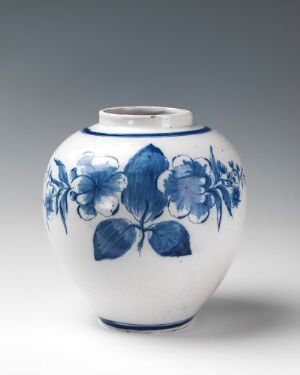  A traditional blue and white porcelain vase with intricate floral patterns around its curvaceous body, set against a gentle gradient background that transitions from light grey to white.