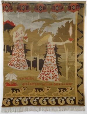  Tapestry "Brennende hjerter" by Norsk Aaklæde- og Billedteppe-Væveri, depicting two fair-haired figures in dresses with red heart patterns standing opposite each other with a shared heart-shaped flame between them, set against a stylized natural backdrop with trees, bordered by a pattern featuring mythological creatures and geometric shapes in warm, earthy tones, predominantly beige, tan, and brown, with vibrant red accents.