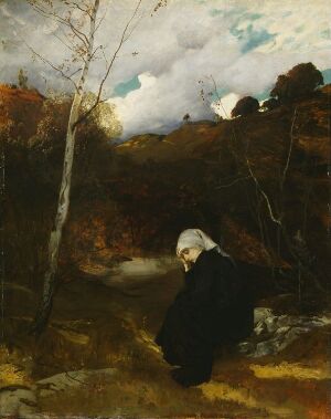  "Reflection in Autumn" by Eilif Peterssen, an oil on wood panel fine art painting depicting an elderly woman clad in traditional dark clothing sitting contemplatively on a rock in an autumnal forest clearing, with a bare tree to her left and autumn leaves in warm hues of brown and red to her right, under a partially cloudy blue sky.