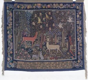  "Folkevise" by Ragnhild Prestgard, a handwoven wool tapestry in gobelin technique depicting a folklore scene with a variety of animals and lush vegetation against a dark border, exemplifying intricate textile art.