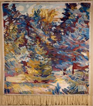  "Blaa skov," a handwoven tapestry by Arne Kavli, depicting a vibrant and stylistically interpreted forest scene with a dynamic assortment of blues, greens, yellows, and touches of red, created using gobelin technique with cotton warp and woolen weft.