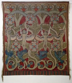  Hand-woven "Englekor" textile by Den Norske Husflidsforening with symmetrical angel motifs and intricate patterns in muted shades of beige, pink, blue, green, and red, finished with fringes at the bottom.