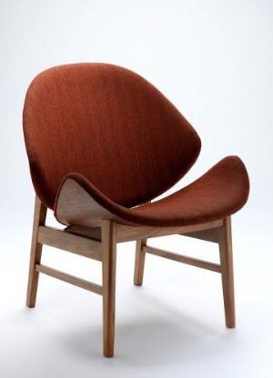  "Skallstol no. 134" by Hans Olsen, a mid-century modern chair with a varnished teak frame and a curved backrest upholstered in rusty red wool fabric, embodying a blend of organic form and functional design.