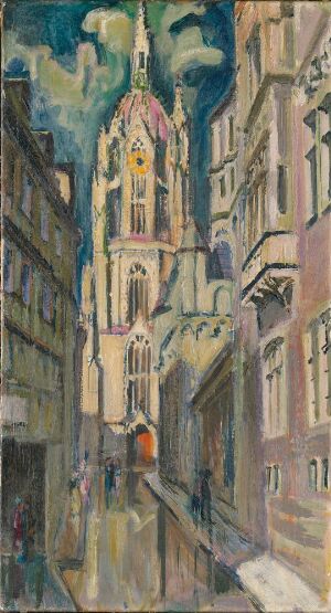  "Blick auf den Frankfurter Dom" by Rolf Nesch, an oil on canvas painting depicting the Frankfurt Cathedral. The Gothic architecture stands out in the distance amid a palette of blues, pinks, yellows, and earthy tones, framed by the narrow alley between traditional European buildings, under a patchy light blue and yellow sky.