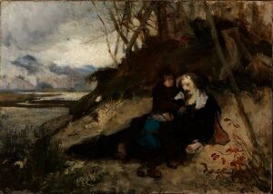  An oil painting on canvas adhered to paperboard by Eilif Peterssen showing two figures sitting closely together near a body of water on an overcast day, with muted colors and expressive brushwork creating a contemplative mood.