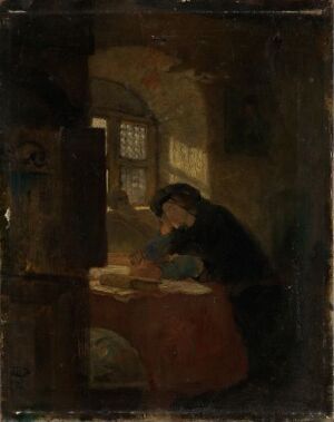  Oil on canvas painting by Eilif Peterssen depicting a dimly lit interior scene with an individual in a dark jacket and hat engrossed in reading or writing at a table. The artwork features earthy tones with subtle lighting, creating an atmosphere of historical ambiance and focused solitude.
