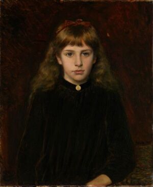  "Portrait of Dagny Kiær" by Peter Nicolai Arbo, an oil on canvas painting depicting a young girl in a dark dress with contemplative brown eyes and long, light brown hair against a dark brown background.