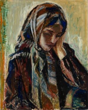  "Reflection or Sadness" by Henrik Sørensen, an oil painting on canvas showing a woman in deep thought, her hand supporting her head, with a colorful scarf and patterned garment, set against a textured green background.