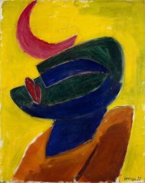  Abstract painting by Sigurd Winge titled "Blind," featuring a yellow background with a central composition of a midnight blue arc resembling a stylized profile, a pink crescent, a small red form, a dark green shape beneath, and a section of earthy brown to the right, all with visible brushstrokes.