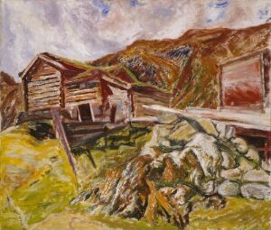  Oil painting on canvas by Henrik Sørensen depicting a rustic scene with wooden buildings on hilly terrain, featuring a rich palette of browns, reds, greens, and blues, with expressive, textured brushwork showcasing the robust natural landscape and aging man-made structures.