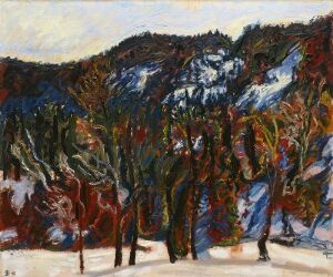  Oil painting by Henrik Sørensen on wood fiberboard, showcasing a lively and colorful winter forest scene with expressive brushwork. Snow-covered trees in vivid colors stand before a mountain range, under a softly glowing sky.