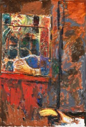  An oil on canvas painting by Henrik Sørensen featuring an abstract composition with a window framed by vivid reds, with a glimpse of blue within the windowpane, and a yellow object on the crimson surface below. Expressive brushstrokes in shades of red, blue, brown, white, green, and yellow create a textured visual art piece, invoking a sense of depth and dynamism.