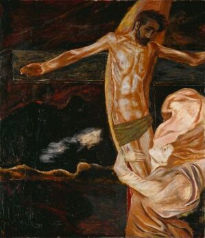  "Golgatha" by Henrik Sørensen, an oil on canvas painting capturing the crucifixion of Jesus, shown pale and suspended on a cross, with an onlooker in tan garments, set against a dark, brooding background.