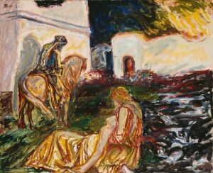  "The People of Israel" by Henrik Sørensen, an oil on wood fiberboard painting depicting an animated outdoor scene with a reclining figure in a yellow robe in the foreground, a figure on a camel to the left, against a backdrop of white architecture and a multi-colored sky.