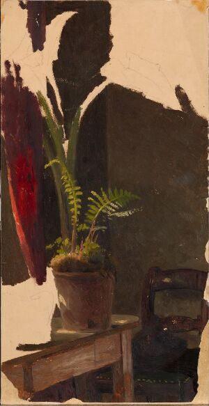  An oil on paper painting by August Cappelen, mounted on a wood fiberboard, featuring a potted fern, a black iron apparatus, a large, dark human silhouette, and hints of hanging red objects, all placed against a light brown background.
