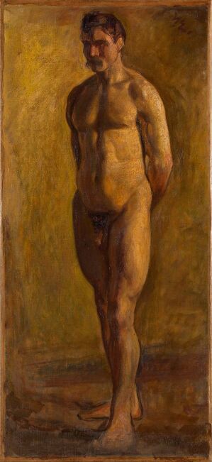  "Mannsakt," an oil painting on canvas by Halfdan Egedius, showcasing a warm-toned, thoughtful nude male figure standing with a subtle tilt of the head and a downward gaze, set against a dark, indistinct background.