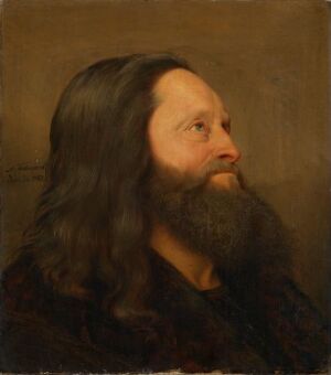 
 Oil painting on canvas by Adolph Tidemand featuring a thoughtful man with long dark brown hair and a full beard, dressed in dark fur, set against a gradient brown background. The expression and earthy tones convey a sense of contemplation and classic artistic style.