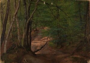  "Forest Scene" by Adolph Tidemand, an oil on canvas affixed to a wood-fiber board, capturing a serene forest with assorted shades of green foliage, earthen-toned forest floor, slender brown and gray tree trunks, and subtle sunlight filtering through the canopy.