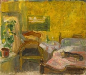  Oil painting "Interior" by Thorvald Erichsen depicting an intimate room scene with a green plant on a wooden chair, a pink draped daybed with a black cat, a small table with items on it, and golden-yellow walls that create a warm ambiance.