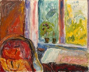  "The Red Chair" by Thorvald Erichsen, an oil painting on paperboard featuring an expressionistic depiction of a red upholstered chair against the backdrop of a window view framed by vividly painted flowering plants, with brushstrokes that combine warm and cool colors to create a lively and textured interior scene.