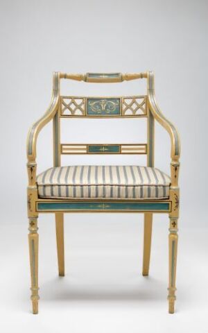  An elegant beech wood chair designed by Joseph Chr. Lillie, with turned, carved, and painted decorations, and a seat upholstered in striped silk fabric with tones of green and cream.