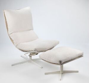  A modern white fabric and lacquered steel lounge chair and ottoman set, designed by Lena Axelsson, titled "Spinnaker," exhibiting a minimalist and elegant design against a white background.