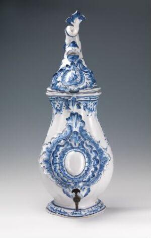  An ornate blue and white porcelain ewer with intricate patterns and a decorative lid, reflecting a style similar to Delftware or Chinese blue-and-white porcelain. Artist name and title are unknown.