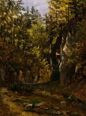  Oil on paper mounted on canvas painting by Thomas Fearnley depicting a tranquil forest scene with a small stream, a dense arrangement of trees with multi-shaded green foliage, and boulders in the foreground, creating a sense of natural serenity and seclusion.