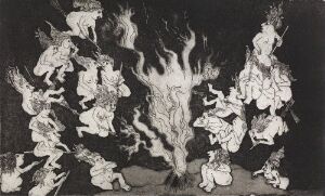  "Heksenatt" by Dagny Hald, a black and white etching and aquatint depicting a lively scene of witches dancing and flying around a central fire, with dynamic flames and expressive figures rendered in shades of black, gray, and white.