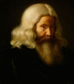  "Study of an Old Man" by Adolph Tidemand is an oil portrait on canvas, displaying a richly detailed depiction of an elderly man with penetrating brown eyes, long flowing white hair, and an intricate gray beard. He gazes directly at the viewer, framed by a