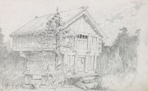  A pencil on paper drawing by Georg Eliassen, titled "Vasstveitloftet," featuring a detailed monochromatic sketch of a traditional Norwegian loft-style building with a steep gabled roof, intricate woodwork, standing on a stone foundation, partially surrounded by sketched trees indicating a natural setting.