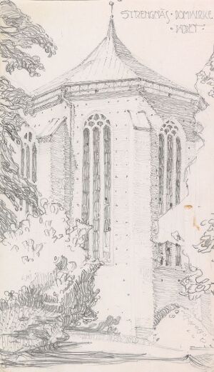  Architectural pencil drawing on paper titled "Strengnäs domkirke" by artist Georg Eliassen, depicting the detailed Gothic windows and cornice of the cathedral's apse, with light shading to depict the texture and depth of the stonework and subtle environmental context suggested by adjacent foliage.