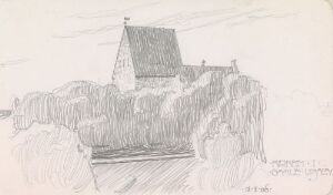  Pencil drawing titled "Kirken i Gamle Uppsala" by Georg Eliassen, showcasing a sketch of an old church surrounded by trees.