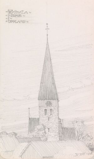  Architectural drawing titled "Waxsala kirke i Uppland" by Georg Eliassen, depicting a detailed pencil sketch on paper of a tall church with a pointed spire, arched entrances, and surrounded by trees, rendered in grayscale shading to emphasize form and texture.