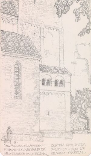 
 Pencil drawing "St. Maria Kyrka, Visby" by Georg Eliassen on paper, showing detailed stonework of a church section with a pointed window, wooden door, and a partial tree to the side.