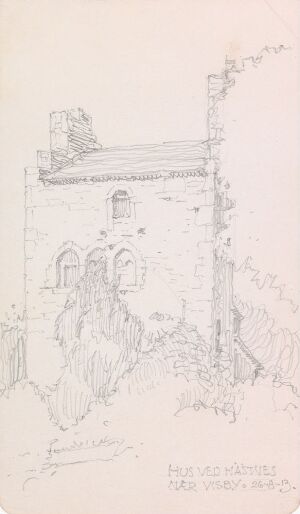  Pencil sketch by Georg Eliassen titled "Hus ved Hästnes nær Visby" on aged paper featuring a two-story stone building with a large chimney, arched double doors, a second-story window, and a vine creeping up one side, set against a lightly detailed rural background.